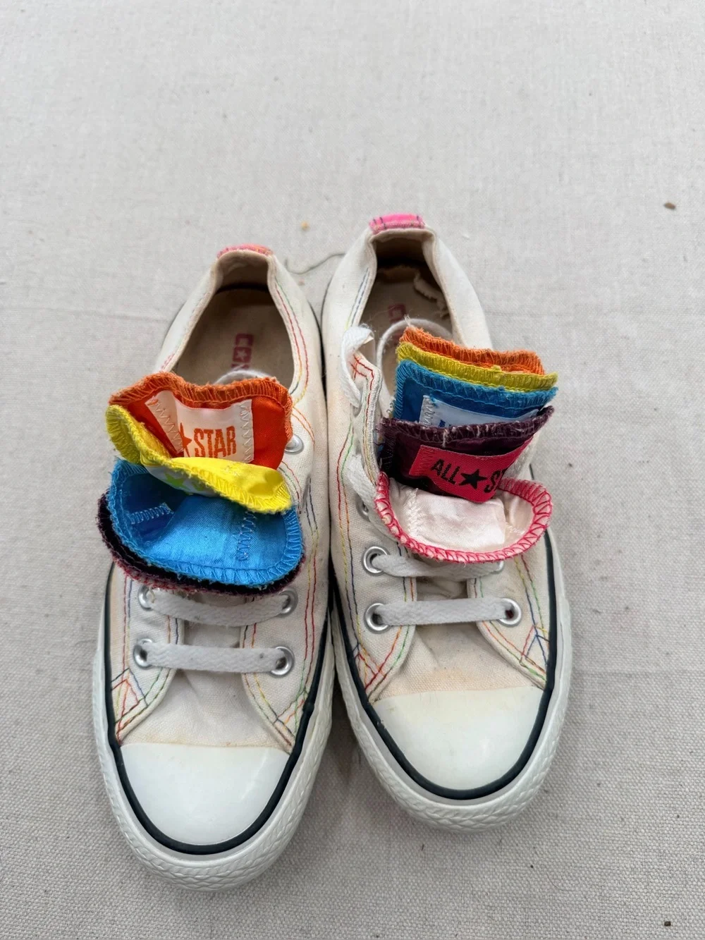 Converse Kids Low Top Sneakers with Rainbow Layered Tongues - White